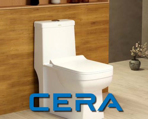 Modern looking bathroom with wooden backgourn and white color WC from Cera.
