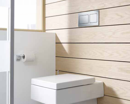 modern bathroom showcaing viega concealed cistern with WC on wooden wall.